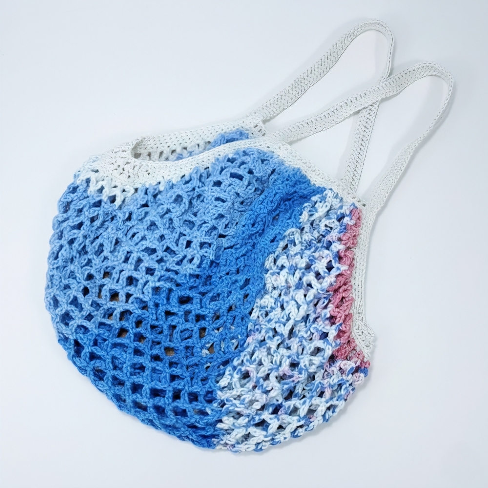 Handmade Blue Farmers Market Bag Crochet French Net Sack Cotton Grocery Beach